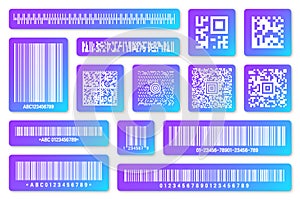 Modern colorful product barcodes and QR codes. Identification tracking code. Serial number, product ID with digital