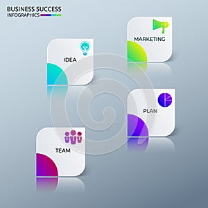 Barvitý úspěch obchod infografiky šablona ikony a prvky. plechovka být použitý rozmístění reklamní formát primárně určen pro použití na webových stránkách 
