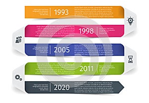 Modern colorful template business concept timeline ribbon arrow. Infographics layout with 5 steps, parts, options, stages, for pre