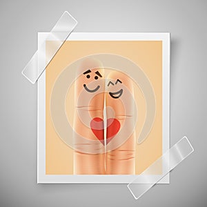 Modern colorful vertical love motive photo frame. Pair of happy fingers smiley in love. Photo session flyer or wedding