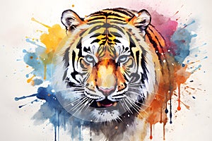 Modern colorful watercolor painting of a tiger, textured white paper background, vibrant paint splashes. Created with generative