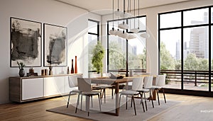 Modern, comfortable, and elegant apartment with bright, spacious dining room generated by AI