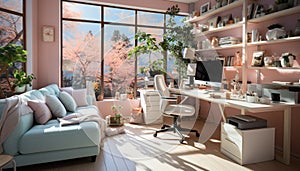 Modern, comfortable living room with bright window, elegant furniture, and plants generated by AI