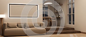 A modern and comfortable living room with a dining area, a cosy sofa, a frame mockup on white wall