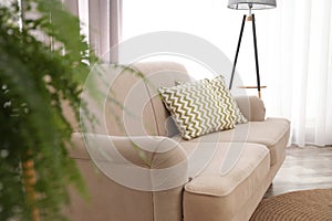 Modern comfortable sofa with pillows in room. Stylish interior