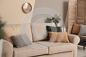 Modern comfortable sofa with pillows. Stylish room interior