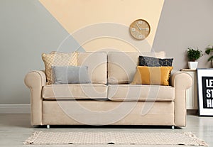 Modern comfortable sofa with pillows. Stylish room interior