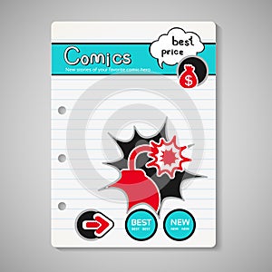 Modern comics book cover, brochure, book, flyer - design template with bubble and blast bomb on lined paper