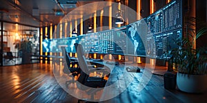 Modern command center with large digital screens displaying data and analytics