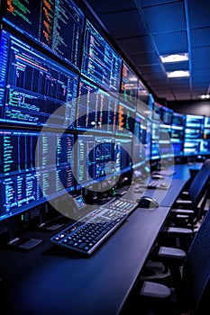 Modern command center with multiple computer screens displaying complex data and security interface in a professional environment