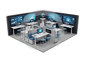 Modern command center with multiple displays and workstations for data analysis and monitoring