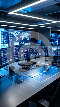 Modern command center with multiple glowing computer screens displaying world maps and data