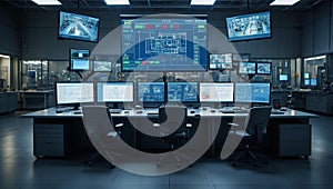 Modern Command Center With Multiple Monitors Displaying Complex Data