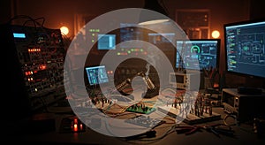 Modern command center with multiple monitors displaying data and graphs for high-tech operations