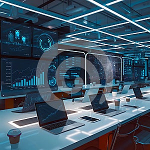Modern Command Center with Real-Time Global Data Visualization on Multiple Screens.