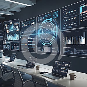 Modern Command Center with Real-Time Global Data Visualization on Multiple Screens.