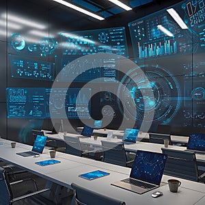 Real-Time Data Analytics and Monitoring Center with Futuristic Technology Interface.
