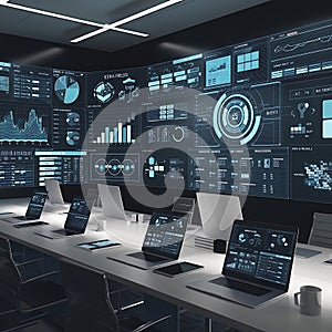 Real-Time Data Analytics and Monitoring Center with Futuristic Technology Interface.