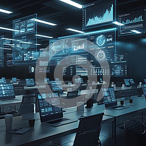 Modern Command Center with Real-Time Global Data Visualization on Multiple Screens.