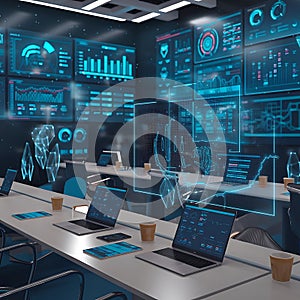 Modern Command Center with Real-Time Global Data Visualization on Multiple Screens.