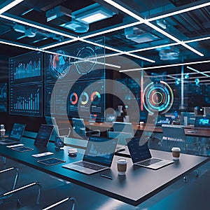 Modern Command Center with Real-Time Global Data Visualization on Multiple Screens.