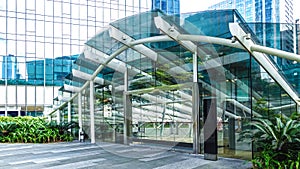 Modern commercial building entrance glass and steel frame structure