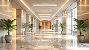 Modern commercial building lobby, office corridor, hotel passageway