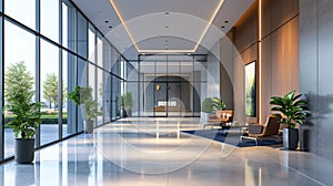 Modern commercial building lobby, office corridor, hotel passageway