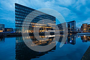 Modern commercial buildings beside the canals