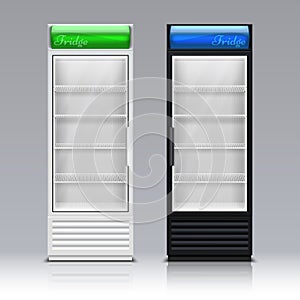 Modern commercial display fridge. Supermarket freezer equipment for drinks vector template