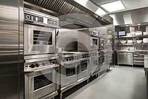 modern commercial kitchen with ovens, ranges, and mixers in stainless steel