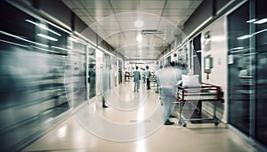Modern commuters rush through futuristic subway station, leaving illuminated lobby generative AI