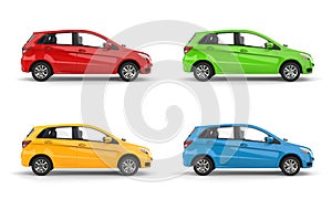 Modern compact low cost affordable eco car in red, green, yellow and blue color