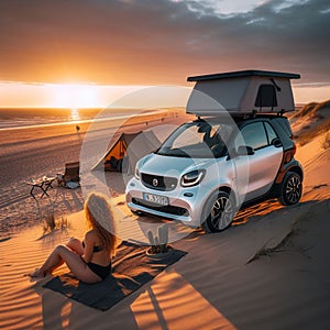 A modern compact smart camper van on a beach dune during a tranquil sunset, ai generated