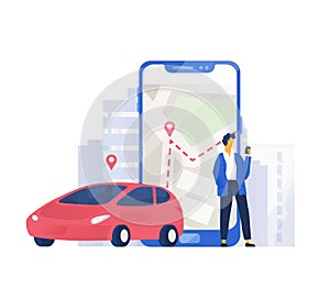 Modern composition with automobile and male character standing beside giant mobile phone with city map on screen