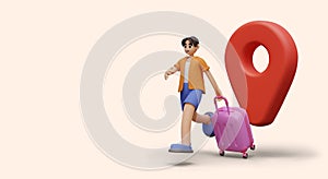 Modern composition with cartoon character running with trolley bag