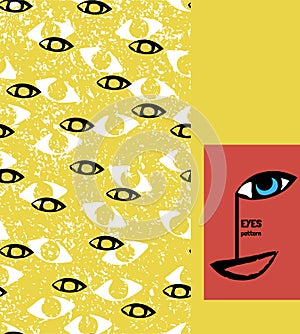 Modern composition of hand drawn abstract face features . Seamless eye vector background pattern.