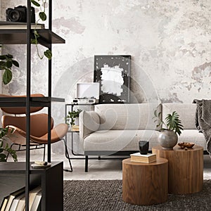 Modern composition of indiustral living room interior with mock up poster frame, gray sofa, round wooden coffee table, brown