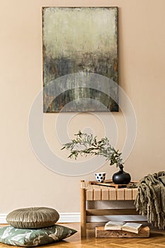 Modern composition of living room with design chaise longue, pillows, mock up paintings, flowers in vase and pillows.