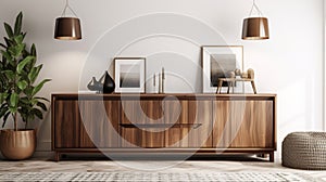Modern composition of living room interior with wooden sideboard created with generative ai tools