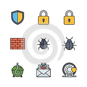 Cyber Security, Digital Protection, and Internet Safety Icon Set: Flat Line Vector