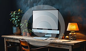 Modern computer with a blank screen on a wooden desk against a dark wall, ideal for mockups and presentations