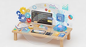 Modern Computer Desk with Artificial Intelligence Technology and Coding Software