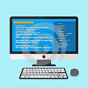 Modern computer desk setup with coding interface and accessories illustration