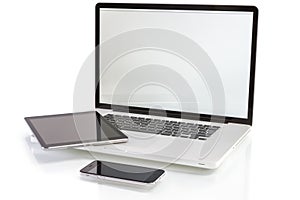 Modern computer devices - laptop, tablet pc and smartphone photo