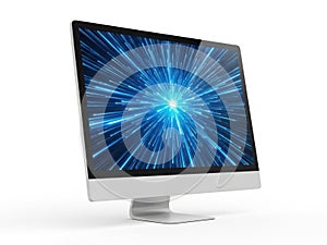 Modern computer display with digital explosion effect isolated on white background