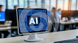 Modern computer displaying ai programming code on screen on blurred office background