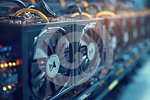 Modern computer hardware setup for cryptocurrency mining in a high-tech facility
