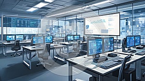 Modern Computer Lab with Multiple Workstations Featuring Desktop Ai Generated