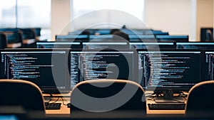 Modern Computer Lab with Programming Code on Screens